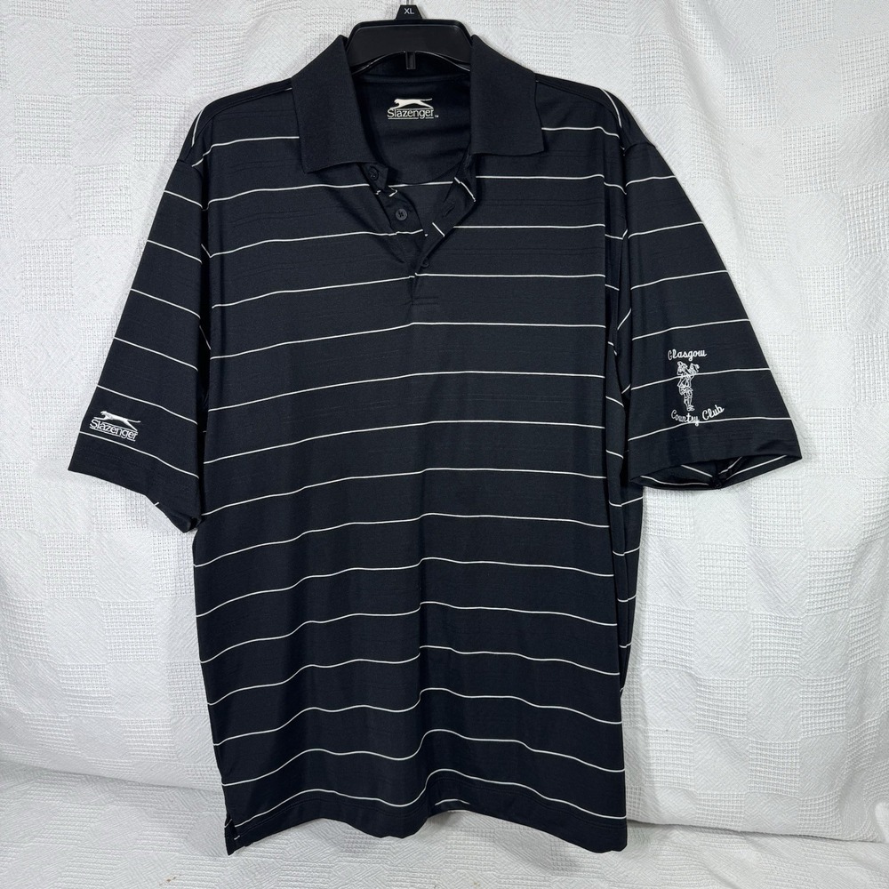 Slazenger Men's Polo Black White Striped Golf Shirt Large Glasgow Country Club